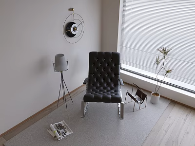 Modern Black Leather Recliner With Floor Lamp Side Table Plant And Window Blinds 3d model