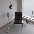 Modern Black Leather Recliner With Floor Lamp Side Table Plant And Window Blinds