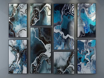 Abstract Paintings With Blue Black White Flowing Patterns And Geometric Arrangement Wall Art Decor 3d model