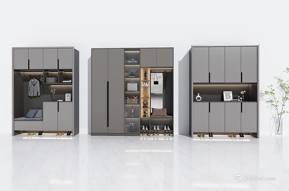 Modern Shoe Cabinet Design With Hanging Space Mirror And Multiple Storage Compartments 3d model