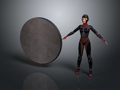 Game Movie Character in Black and Red Bodysuit with Arms Outstretched and Round Mesh Shield 3d model