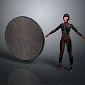 Game Movie Character in Black and Red Bodysuit with Arms Outstretched and Round Mesh Shield