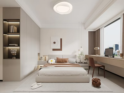 Modern Minimalist Bedroom Interior With White Beige Palette Bed And Built In Bookshelf 3d model