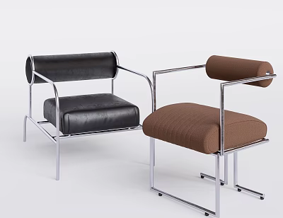 Modern Leisure Chairs With Black Leather And Brown Fabric Seats Silver Metal Frames 3d model