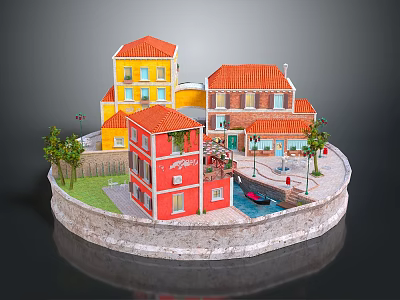 Cartoon Scene With Colorful Buildings Red Yellow Roofs Small Street Trees And Small Boat 3d model