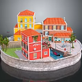 Cartoon Scene With Colorful Buildings Red Yellow Roofs Small Street Trees And Small Boat