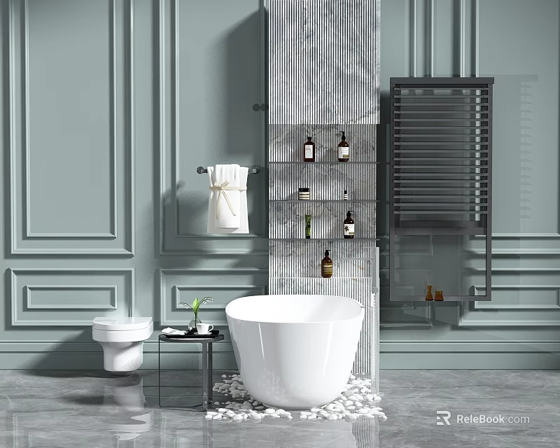 Elegant Bathroom Interior With White Bathtub Light Green Paneled Walls Glass Shelf And Black Radiator 3d model 