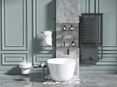 Elegant Bathroom Interior With White Bathtub Light Green Paneled Walls Glass Shelf And Black Radiator 3d model