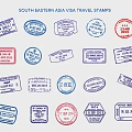 Colorful Southeastern Asia Visa Travel Stamps Collection in Various Designs