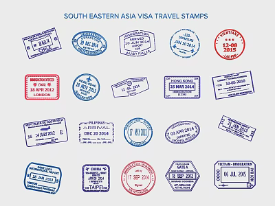Colorful Southeastern Asia Visa Travel Stamps Collection in Various Designs 3d model