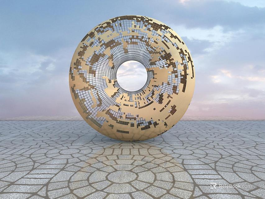 Golden Spherical Road Facility With Hollow Design On Stone Pavement Sky Background 3d model 