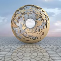 Golden Spherical Road Facility With Hollow Design On Stone Pavement Sky Background