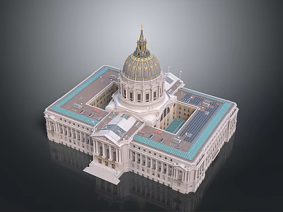 Grand Classical Building with Golden Dome White Exterior Green Roof and Symmetrical Design 3d model