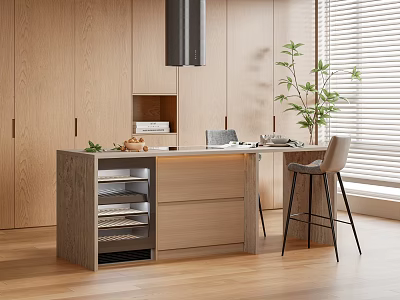 Modern Open Kitchen Bar Counter With Wooden Cabinets Bar Stools And Natural Light 3d model