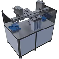 Automated Industrial Equipment With Transparent Shield Circular Worktable Robotic Arm And Blue Components