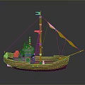 Wooden Sailboat Model With Brown Hull Green Sails Red Lifebuoy And Green Lantern