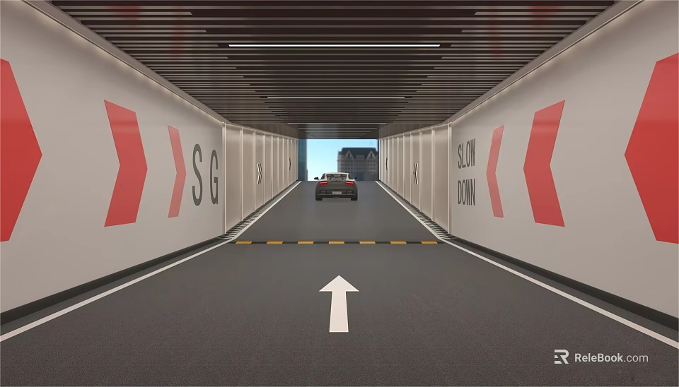 Parking Garage Tunnel With Car Lane White Arrow Red Slow Down Markings And SG Letters 3d model 