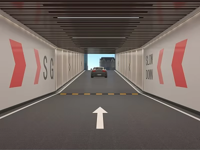 Parking Garage Tunnel With Car Lane White Arrow Red Slow Down Markings And SG Letters 3d model