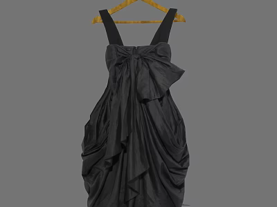 Black Spaghetti Straps Dress with Large Bow and Ruffled Details Hanging on Wooden Hanger 3d model