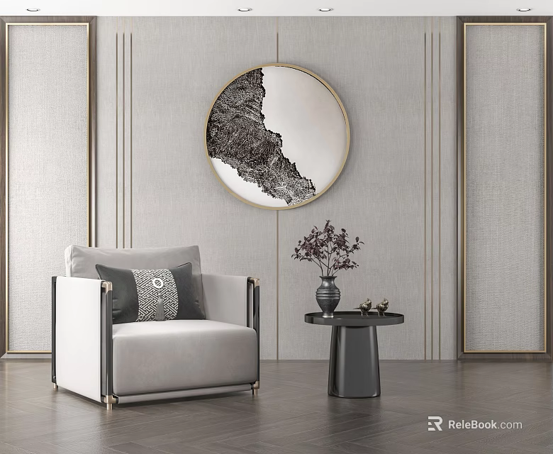 Elegant Modern Gray Single Sofa with Side Table Vase and Round Mirror Decor 3d model