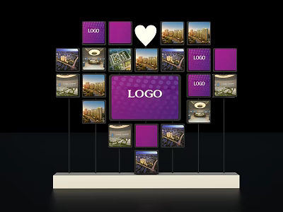 Logo Display Structure With Purple Squares Heart Icon And Cityscape 3d model