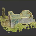 Abandoned Building Ruins With Broken Walls Peeling Paint Tree Stump And Green Plants