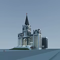 Gothic Christian Church Architecture With Tall Spire Stained Glass Windows And Lawn Area