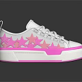 White and Pink Low Top Casual Sneakers with Pink Star Patterns and Platform Sole