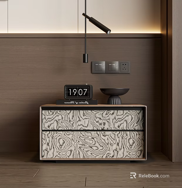 Wooden Nightstand With Drawers Digital Clock Book And Small Bowl On Wooden Wall 3d model 