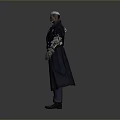Game Movie Character in Long Black Coat Purple Vest White Shirt with Mechanical Arms