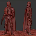Mandalorian Character Model With Armor Cape And Weapon Standing On Sandy Ground Front Back View 3d model