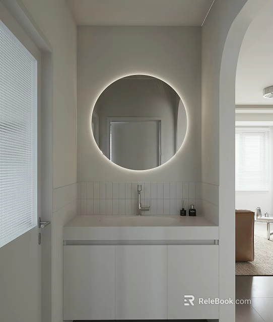 Modern Bathroom Interior With Round Illuminated Mirror White Tiled Wall Vanity Faucet And Two Bottles 3d model 