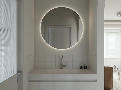 Modern Bathroom Interior With Round Illuminated Mirror White Tiled Wall Vanity Faucet And Two Bottles 3d model