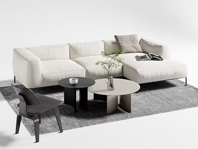 White L shaped Sofa and Coffee Table Set with Gray Cushion Green Plant on Gray Rug 3d model