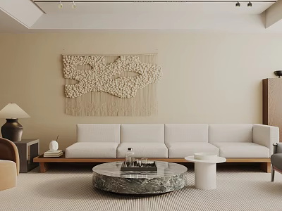 Modern Living Room Interior Design With Macramé Wall Hanging Light Sofa And Marble Coffee Table 3d model