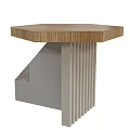 Elegant Modern Side Table With Natural Wood Top And Grey Vertical Striped Metal Base Design