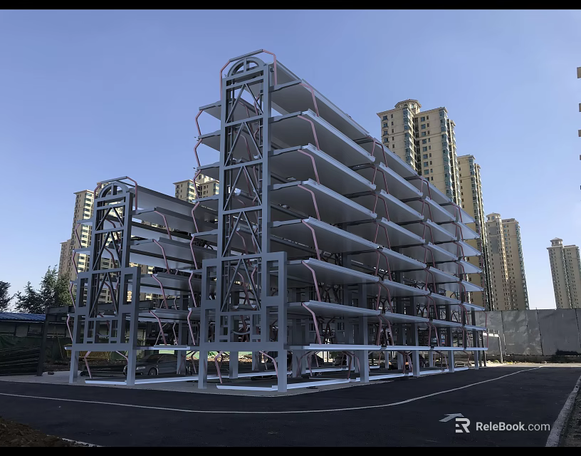 Steel Structure Multi Level Parking Garage Building Component With High Rise Buildings Background 3d model 