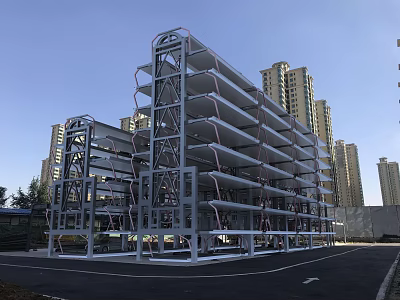 Steel Structure Multi Level Parking Garage Building Component With High Rise Buildings Background 3d model