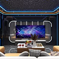 Modern Bar Interior With Colorful Light Background DJ Stage And Glass Tables