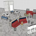 Public Office Space with Red Blue Sofas Tables Chairs and Partition Screens 3d model