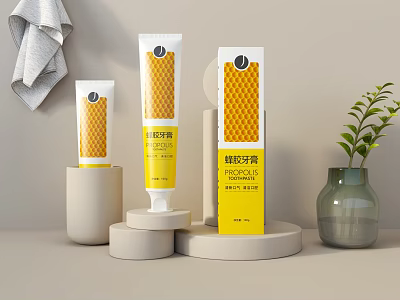 Natural Honey Toothpaste Display with Stands Towel Green Plant and Ceramic Vase 3d model