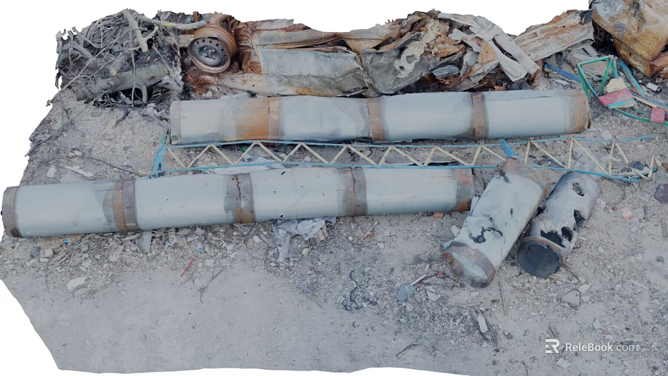 Rusted Metal Scrap Scattered With Pipes Frames And Broken Parts On Sandy Ground 3d model 