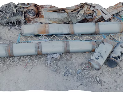 Rusted Metal Scrap Scattered With Pipes Frames And Broken Parts On Sandy Ground 3d model