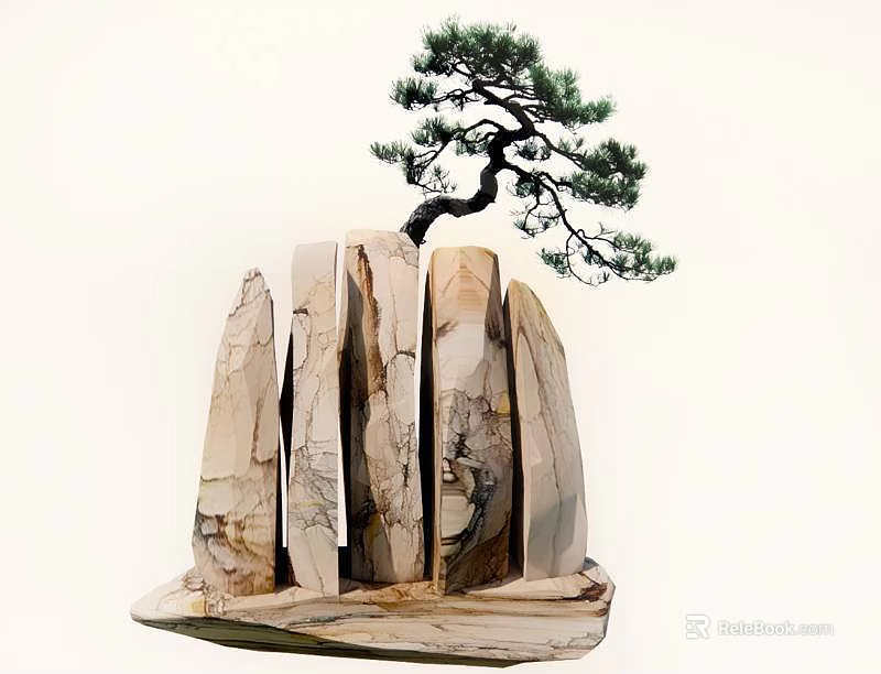 Graceful Pine Tree Growing on Artistic Stacked Stone Structure Design 3d model 