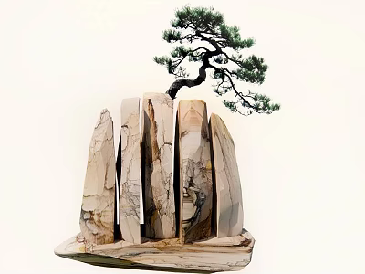 Graceful Pine Tree Growing on Artistic Stacked Stone Structure Design 3d model