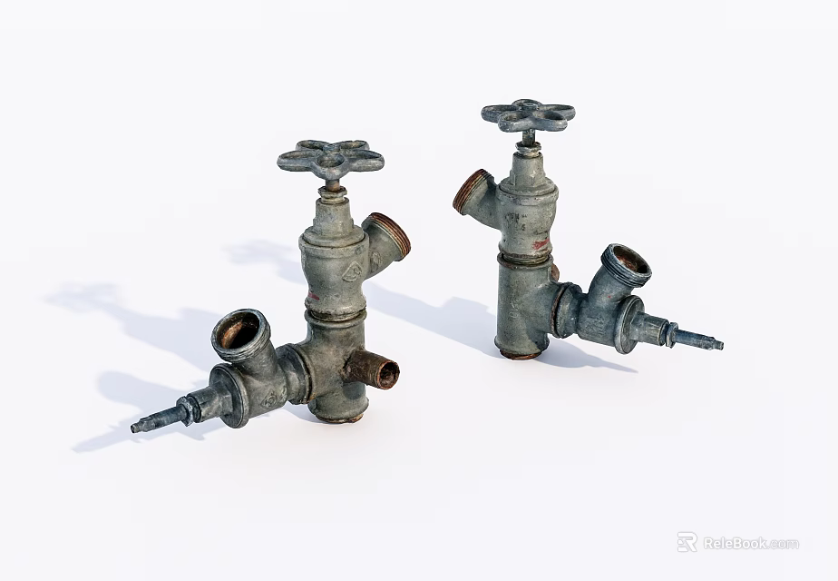 Rusty Vintage Metal Water Faucets With Classic Knob Handles And Old Fashioned Design 3d model 