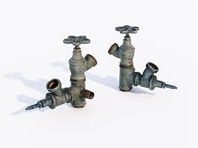 Rusty Vintage Metal Water Faucets With Classic Knob Handles And Old Fashioned Design 3d model