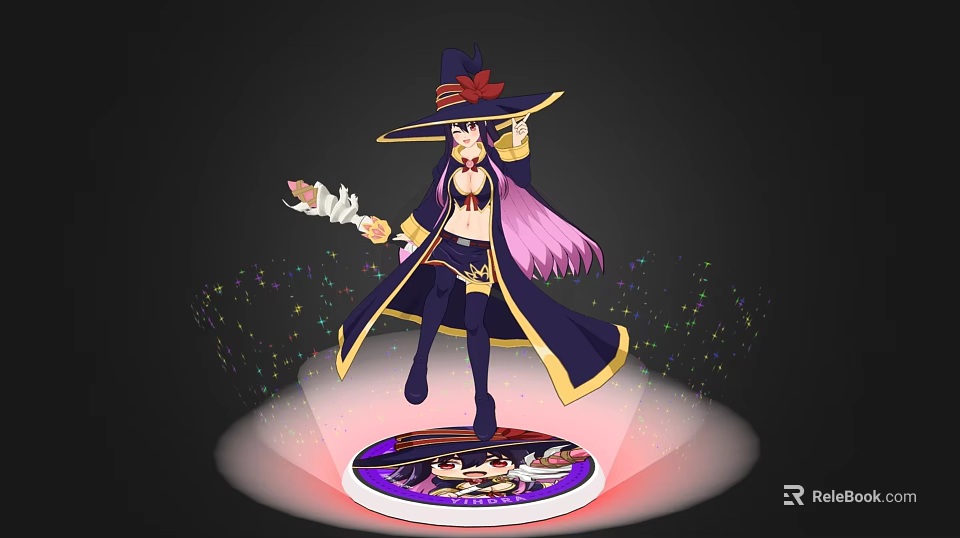 Woman With Purple Hair Wearing Black Witch Hat Holding Object With Colorful Sparkles On Base 3d model 
