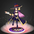 Woman With Purple Hair Wearing Black Witch Hat Holding Object With Colorful Sparkles On Base