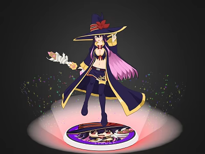 Woman With Purple Hair Wearing Black Witch Hat Holding Object With Colorful Sparkles On Base 3d model